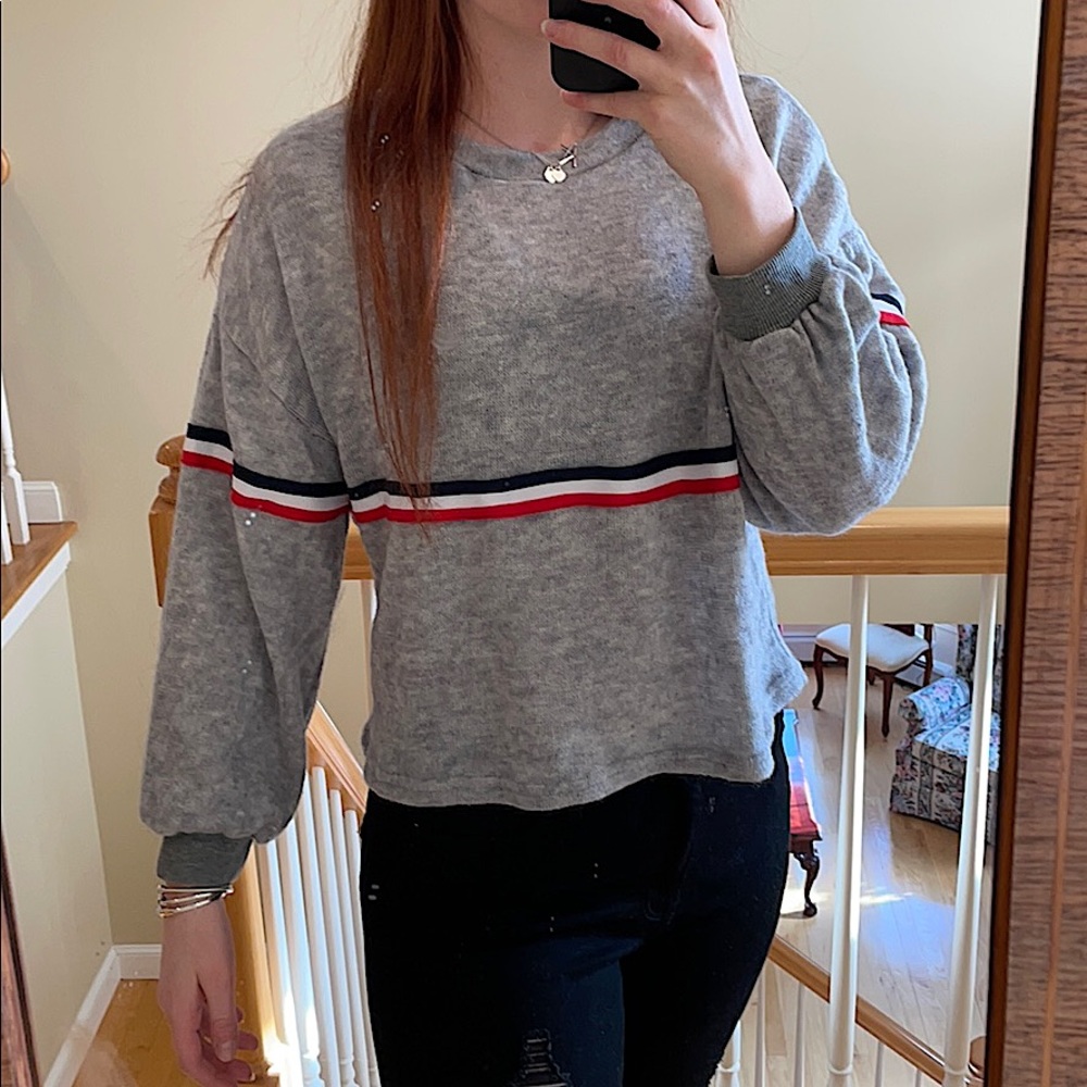 Grey Stripped Long Sleeve Sweater/ Long Sleeve Top - Picture 2 of 5